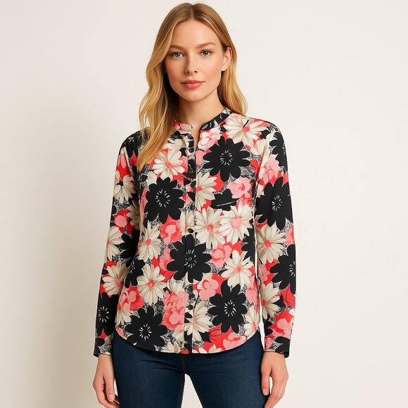 NIC+ZOE Black Pink White Floral Print Button Front Blouse Long Sleeve Size L - Picture 9 of 9